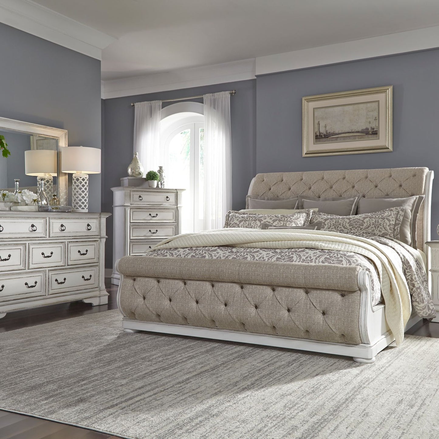 Abbey Park - King California Sleigh Bed, Dresser & Mirror, Chest