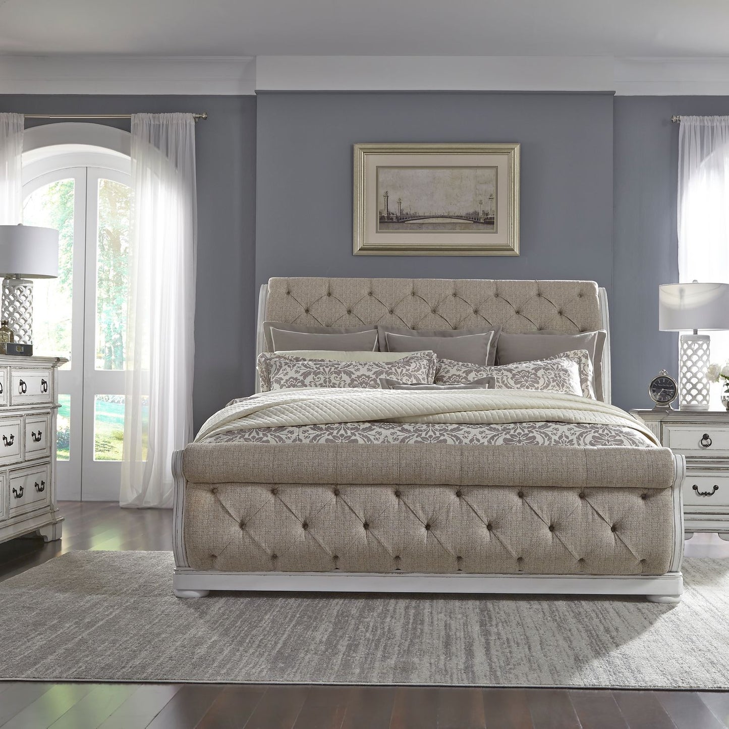 Abbey Park - King California Sleigh Bed, Dresser & Mirror, Night Stand