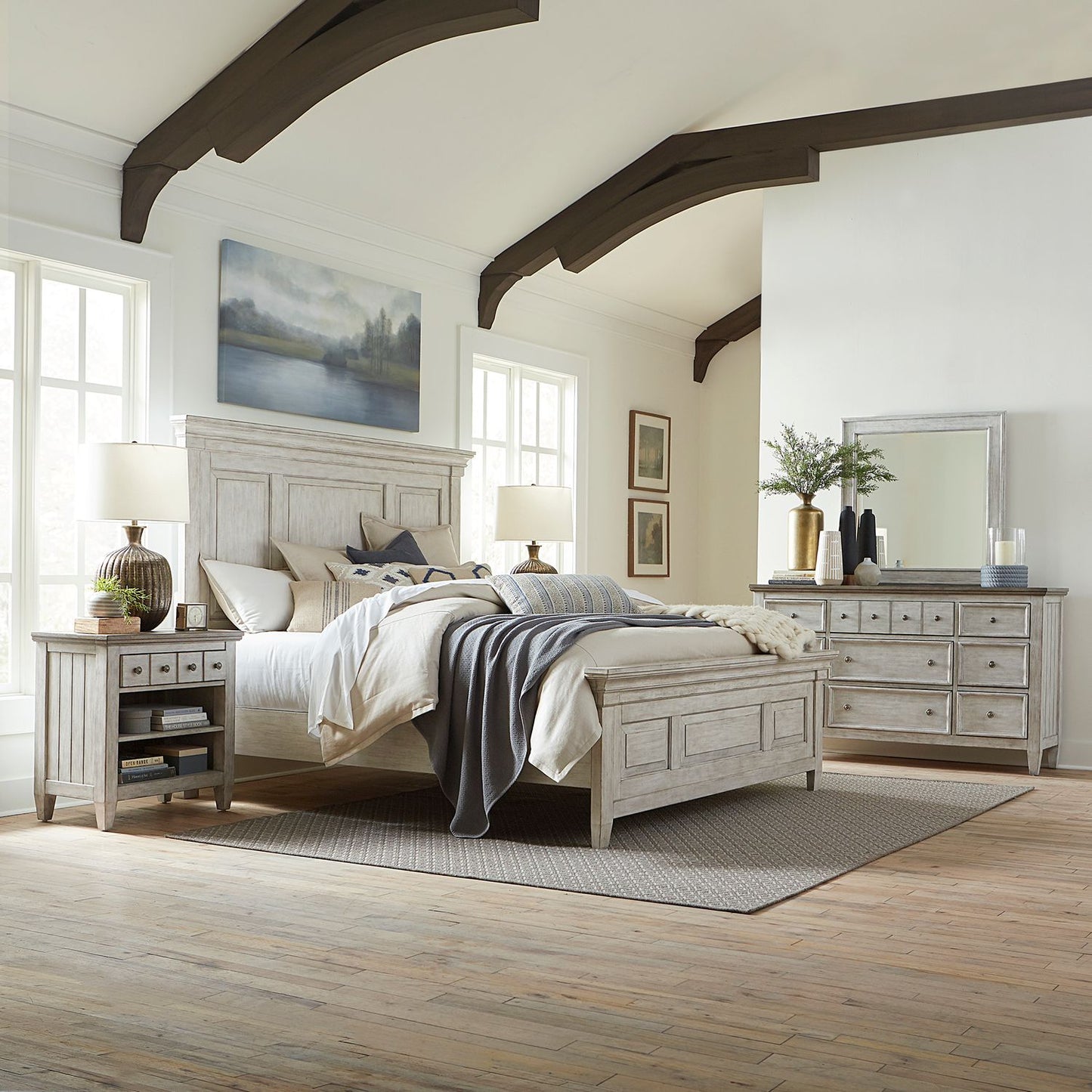 Heartland - King Panel Bed, Dresser & Mirror, Night Stand