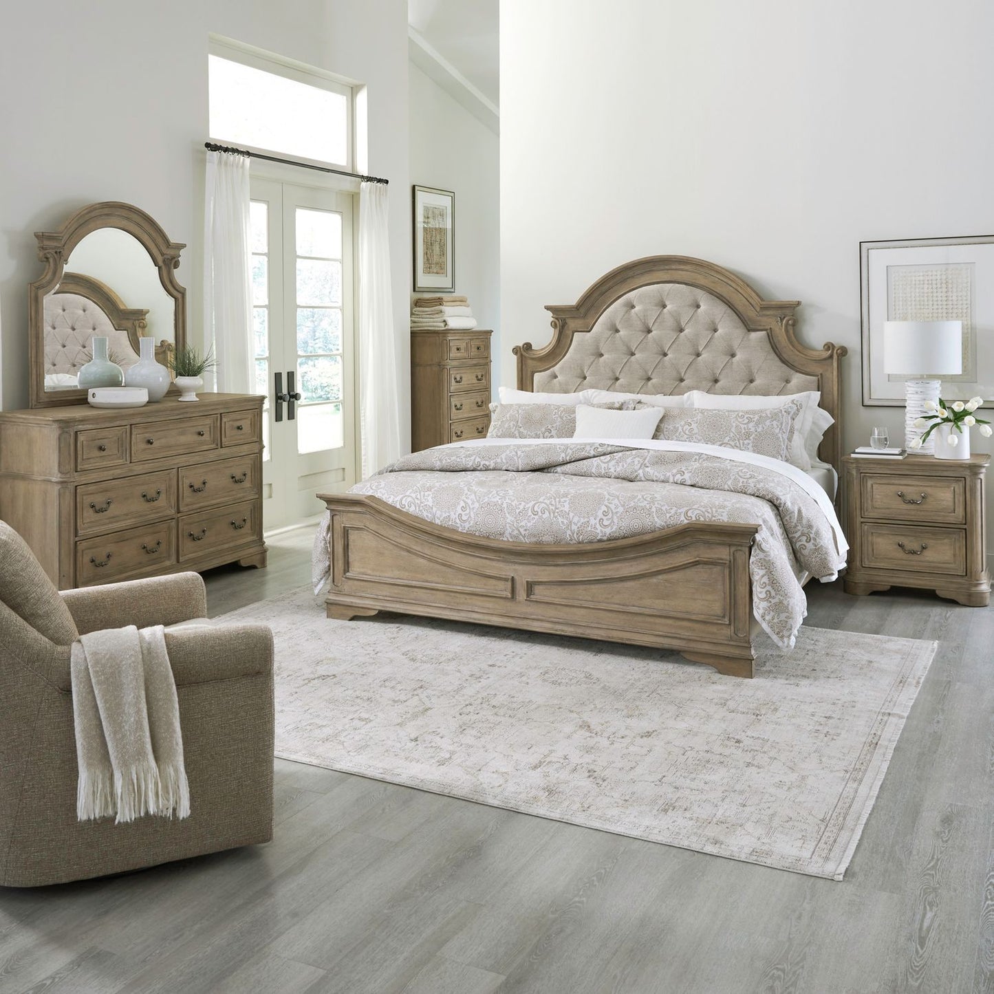 Magnolia Manor - King Uph Bed, Dresser & Mirror, Chest, Night Stand