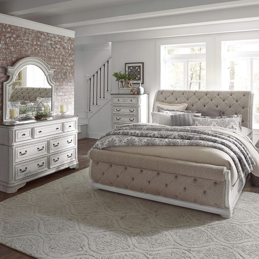 Magnolia Manor - King Uph Sleigh Bed, Dresser & Mirror, Chest