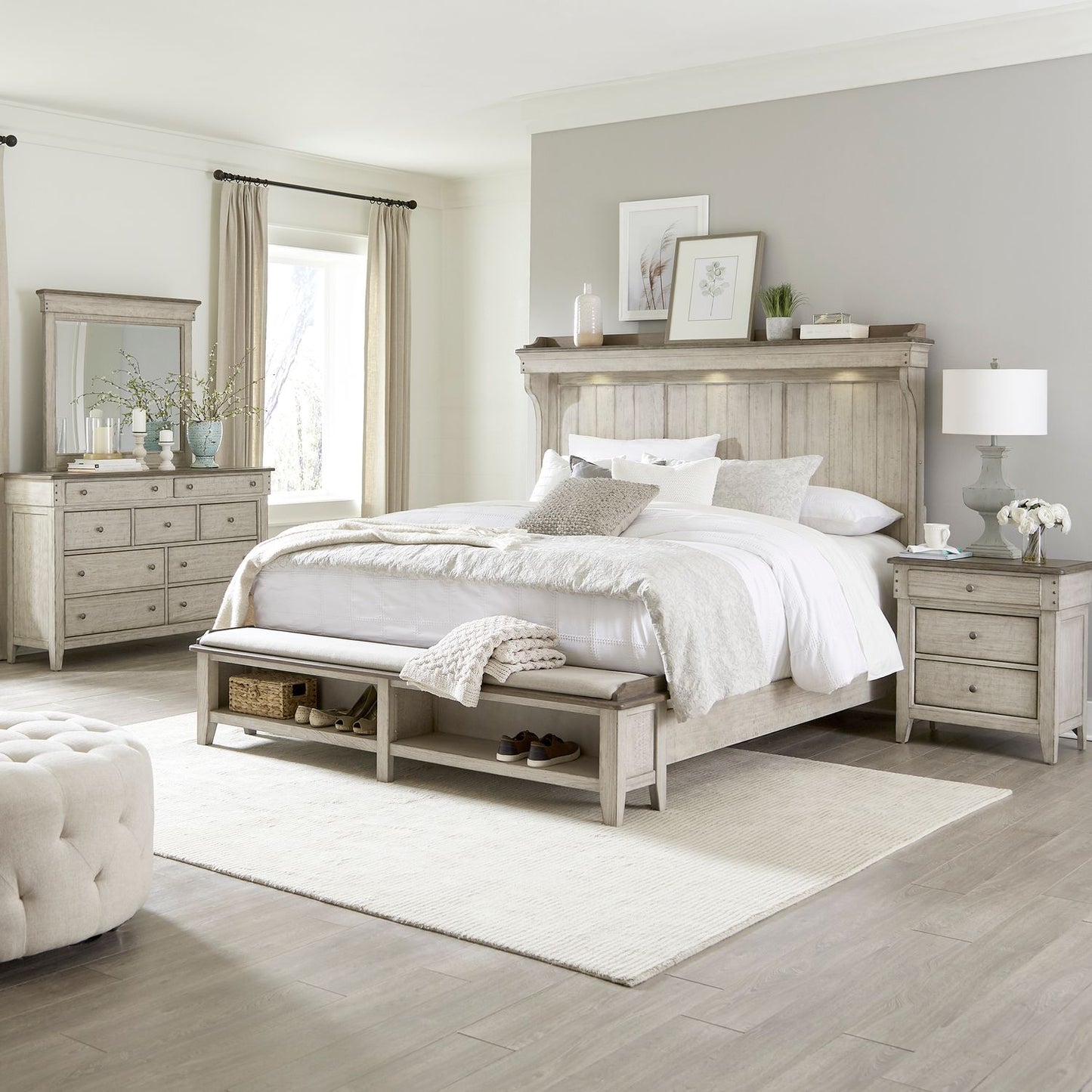 Ivy Hollow - King Mantle Storage Bed, Dresser & Mirror, Night Stand