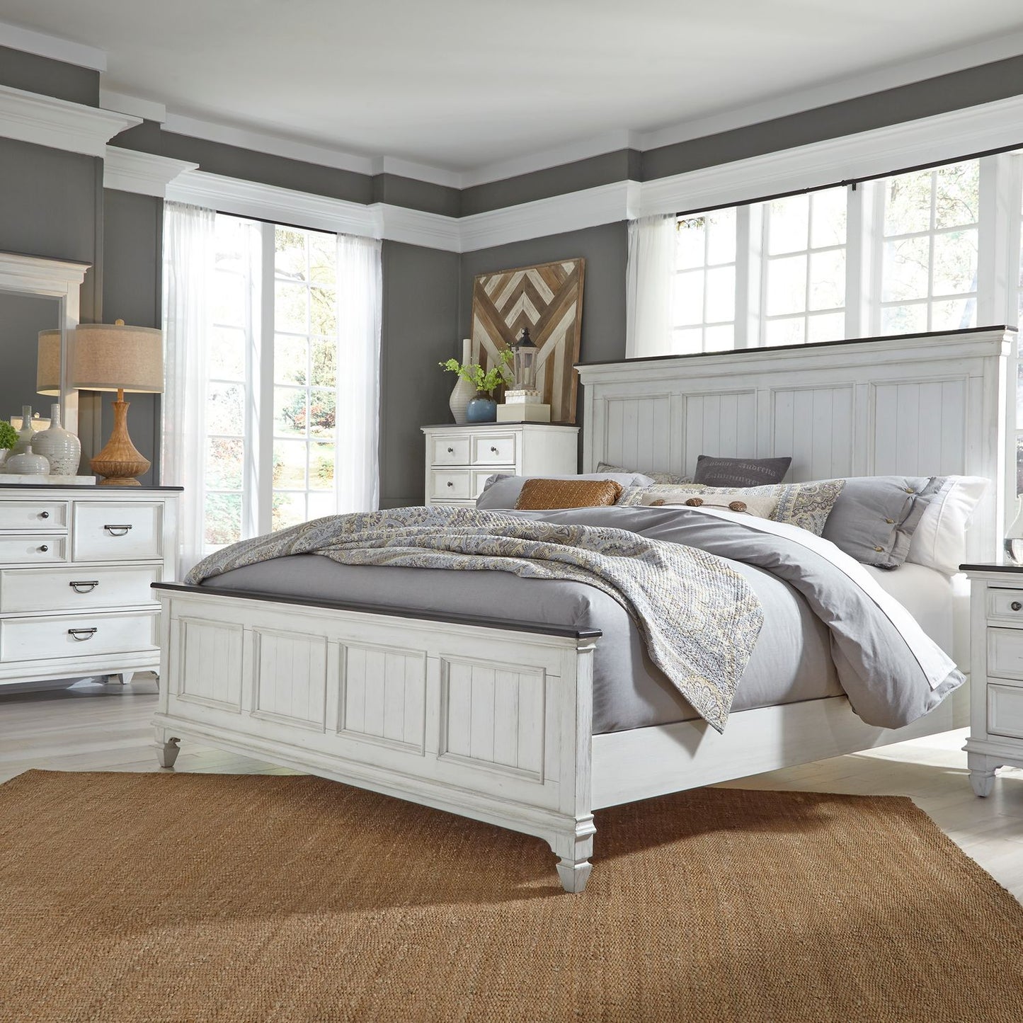 Allyson Park - King Panel Bed, Dresser & Mirror, Chest