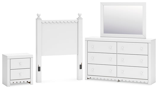 Mollviney Twin Panel Headboard with Mirrored Dresser and Nightstand