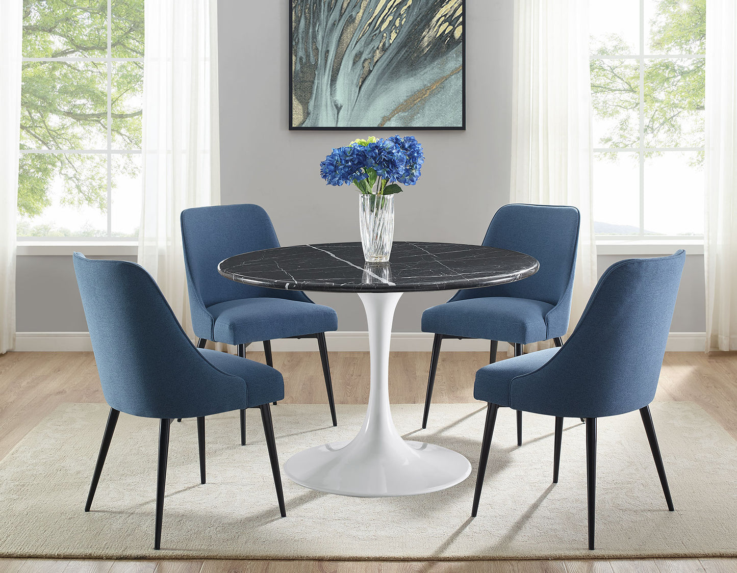 Colfax 5-Piece 45-inch
(Black Marble/White Base & 4 Blue Side Chairs)