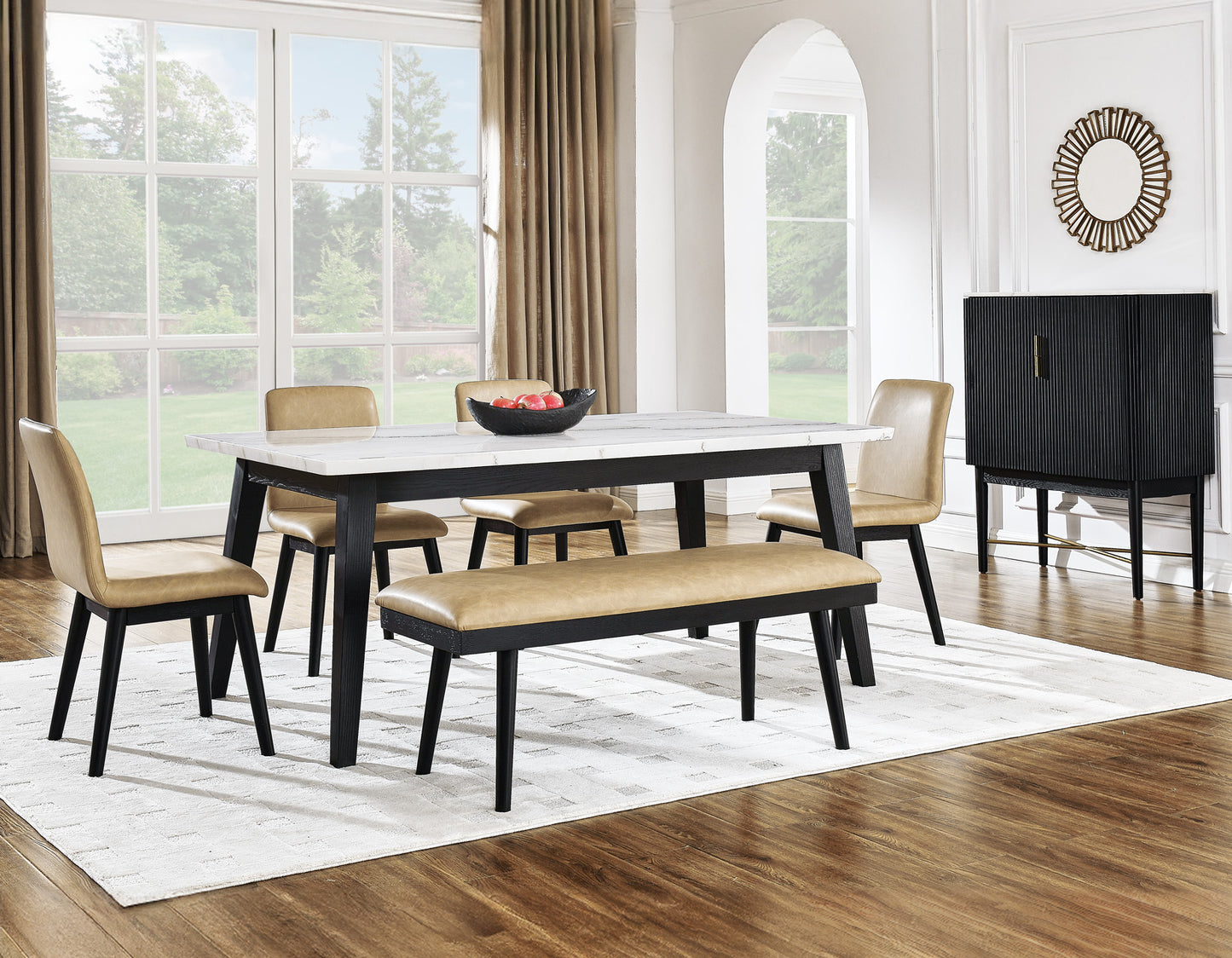 Vida 72" White Marble Top Dining Table, Black Finish