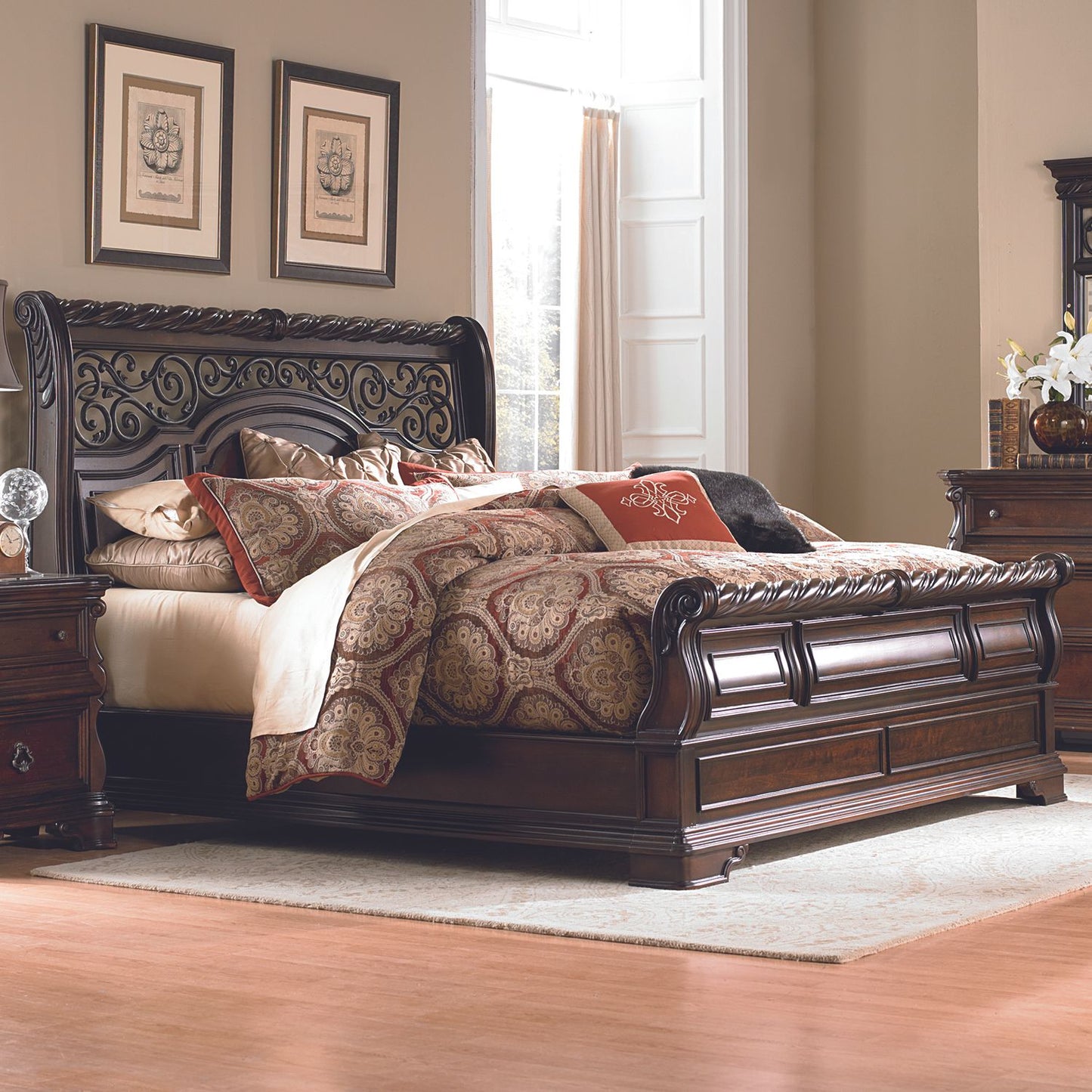 Arbor Place - King Sleigh Bed, Dresser & Mirror, Chest