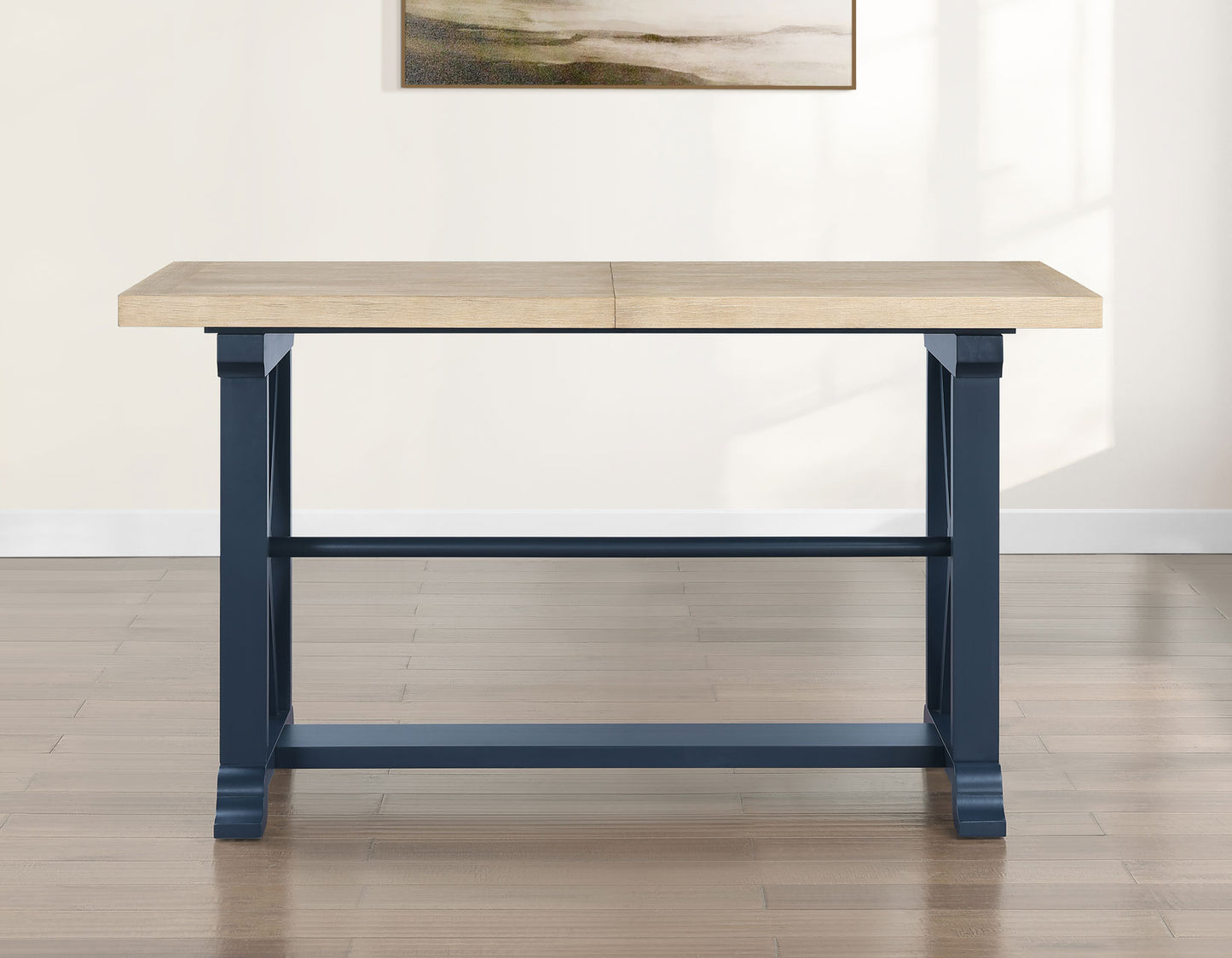 Darcy 64-82"Counter Table with 18-inch leaf, Midnight Blue and Natural Finish