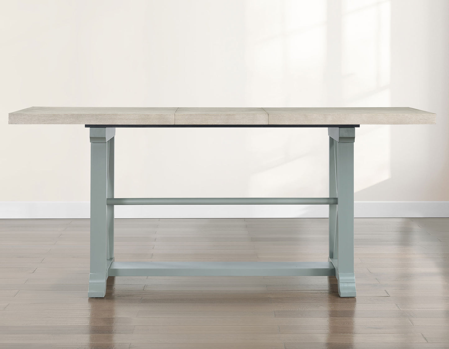 Darcy 64-82"Counter Table with 18-inch leaf, Mint Green and Natural Finish