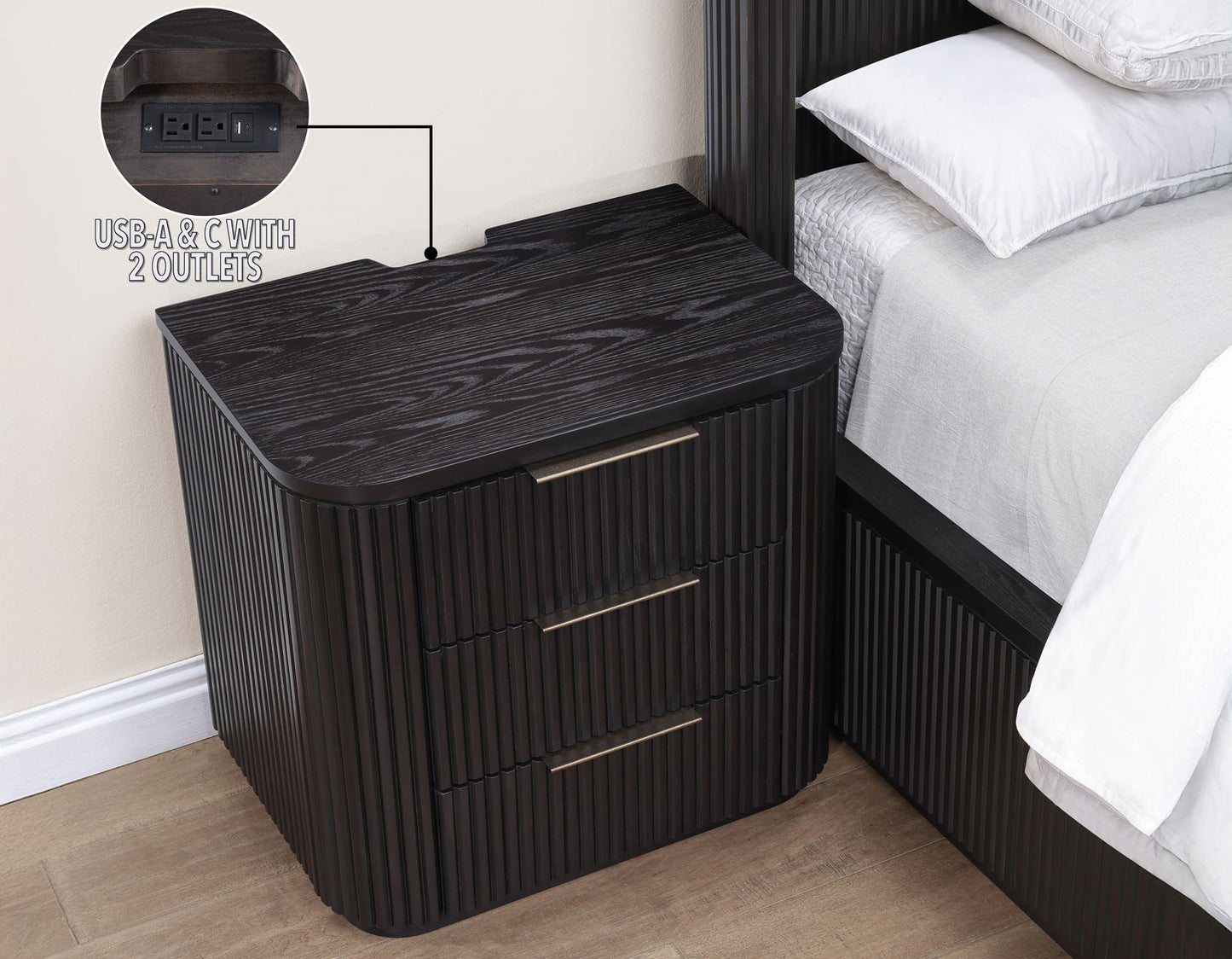 Henry Reeded 3-Drawer Nightstand with USB & Electric Outlets, Espresso Finish