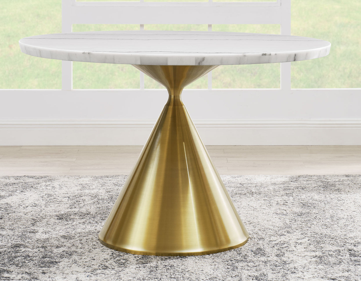 Conrad 48"White Marble Top Table with Gold Conical Base