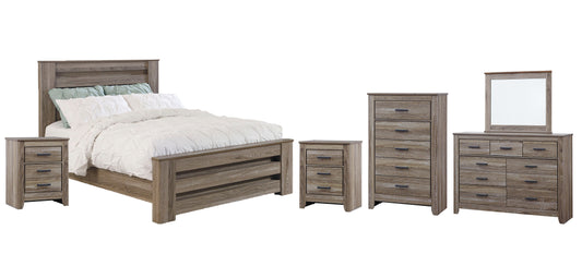 Zelen Queen Panel Bed with Mirrored Dresser, Chest and 2 Nightstands