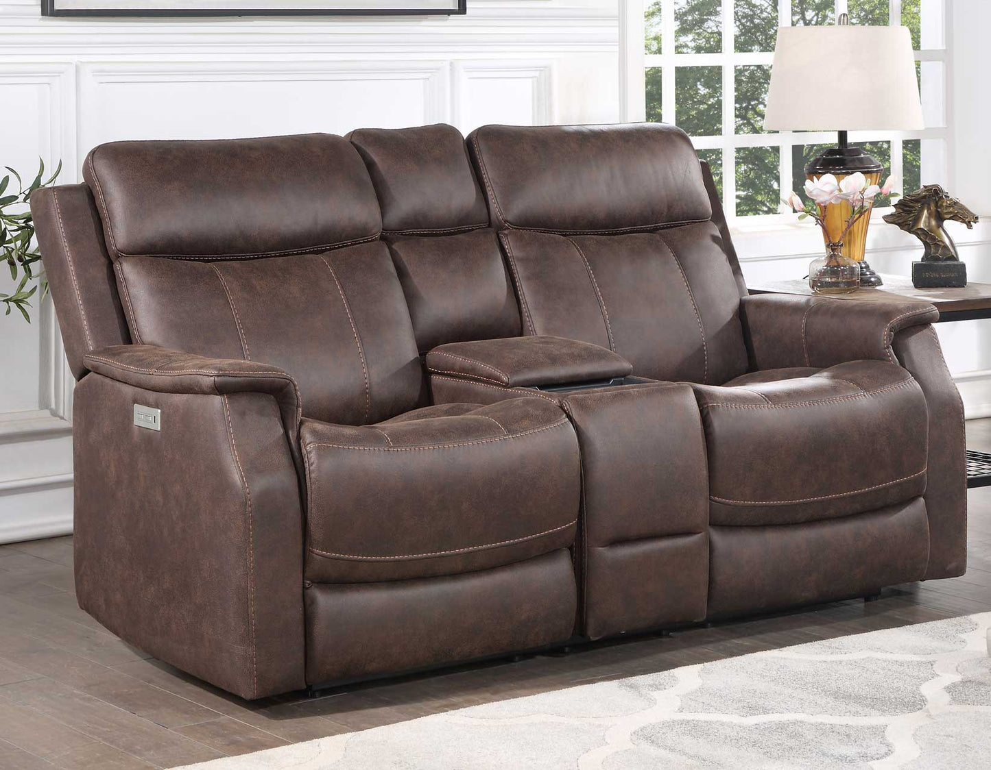 Valencia Dual-Power Leatherette Reclining Console Loveseat, Walnut